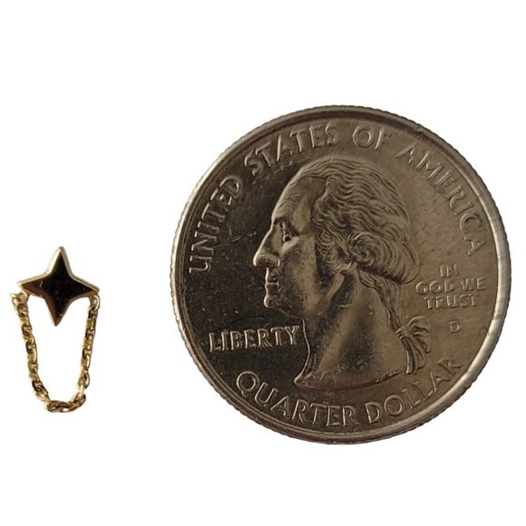 14K Yellow Gold 4 Point Star With Chain Dangle One Post Earring, E116 - Picture 8 of 11